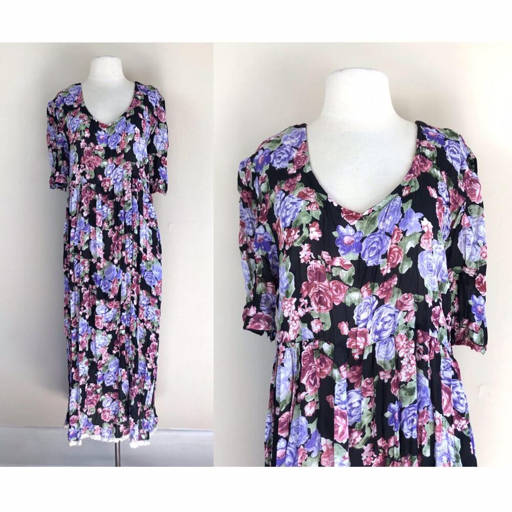 Vintage 90s black floral sheer India maxi dress broomstick cottage whimsygoth
